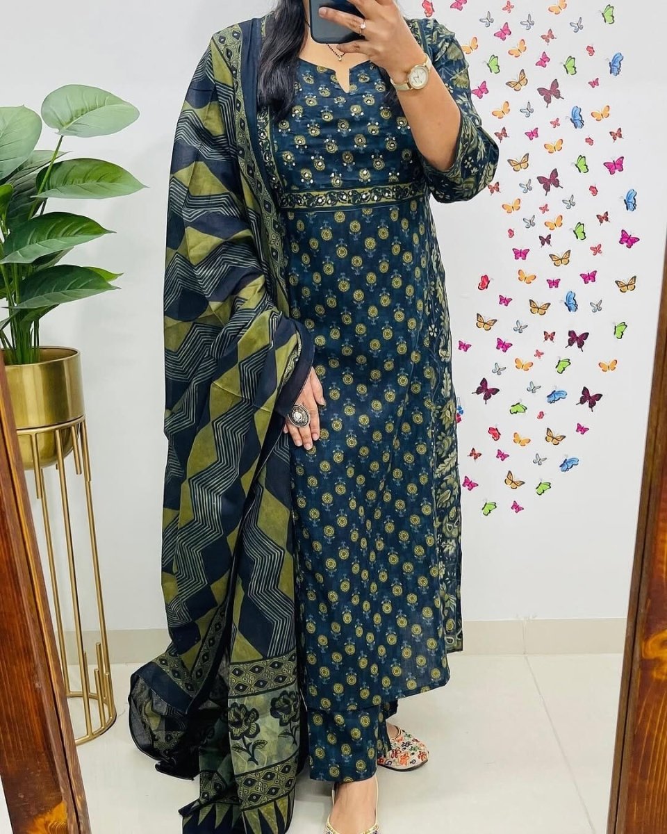 Cotton Block Print Readymade Salwar Kameez Suit Wedding & Party Wear Kurti Pant - 001FASHIONFORWARD