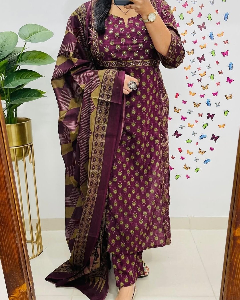 Cotton Block Print Readymade Salwar Kameez Suit Wedding & Party Wear Kurti Pant - 001FASHIONFORWARD