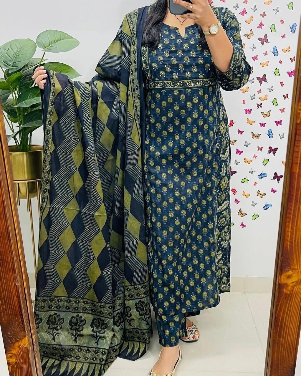 Cotton Block Print Readymade Salwar Kameez Suit Wedding & Party Wear Kurti Pant - 001FASHIONFORWARD