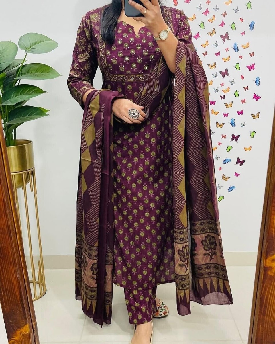 Cotton Block Print Readymade Salwar Kameez Suit Wedding & Party Wear Kurti Pant - 001FASHIONFORWARD