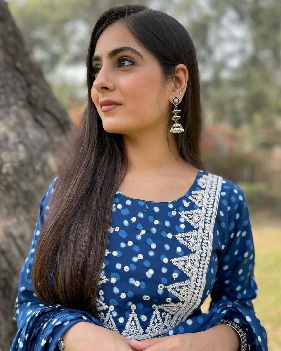 Cotton Blue Color Salwar Kameej Suit , Wedding party wear Kurti pant 3 pc - 001FASHIONFORWARD