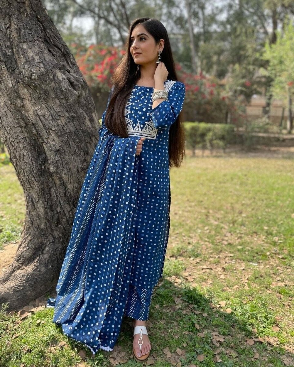 Cotton Blue Color Salwar Kameej Suit , Wedding party wear Kurti pant 3 pc - 001FASHIONFORWARD