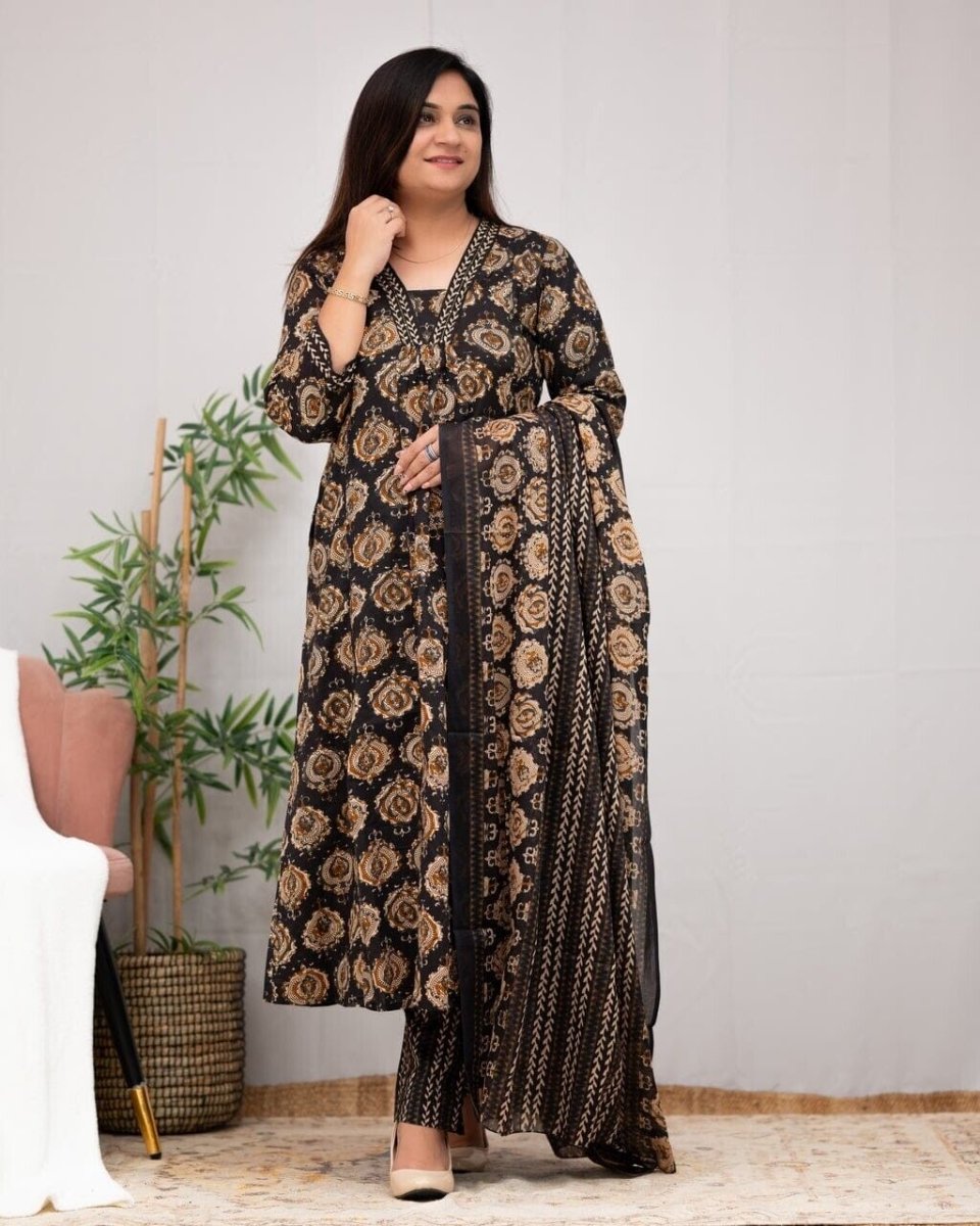Cotton Designer indian Embroidered Anarkali Kurti Pant with Dupatta Set - 001FASHIONFORWARD