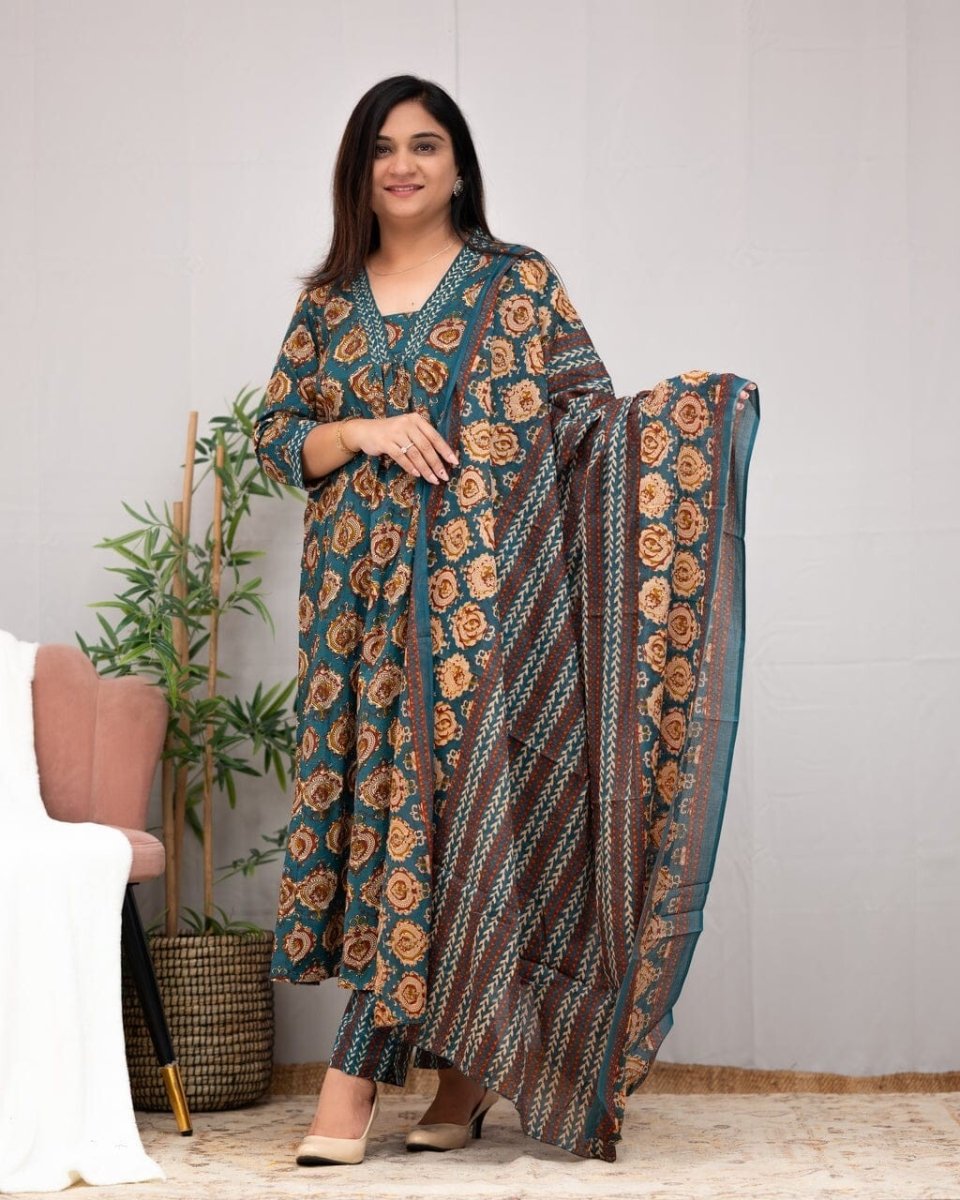 Cotton Designer indian Embroidered Anarkali Kurti Pant with Dupatta Set - 001FASHIONFORWARD