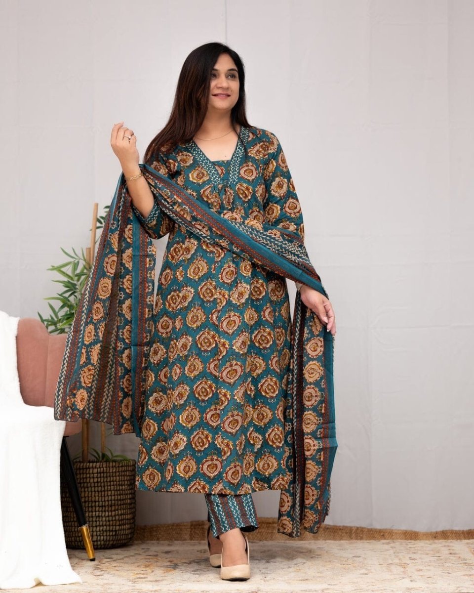 Cotton Designer indian Embroidered Anarkali Kurti Pant with Dupatta Set - 001FASHIONFORWARD
