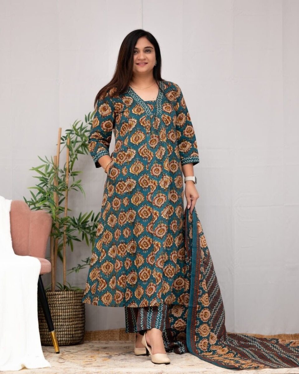 Cotton Designer indian Embroidered Anarkali Kurti Pant with Dupatta Set - 001FASHIONFORWARD