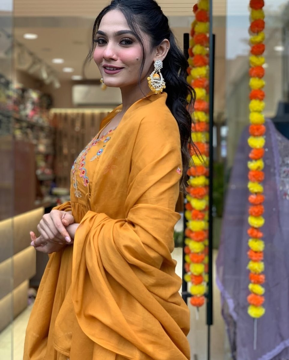 Cotton Designer ndian Embroidered Anarkali Gown Pant with Dupatta Set - 001FASHIONFORWARD