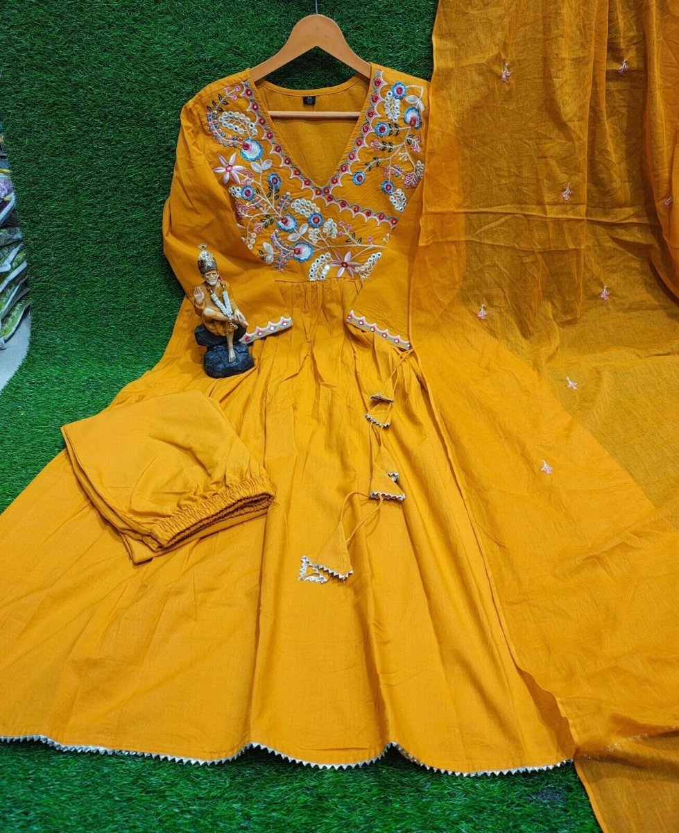 Cotton Designer ndian Embroidered Anarkali Gown Pant with Dupatta Set - 001FASHIONFORWARD