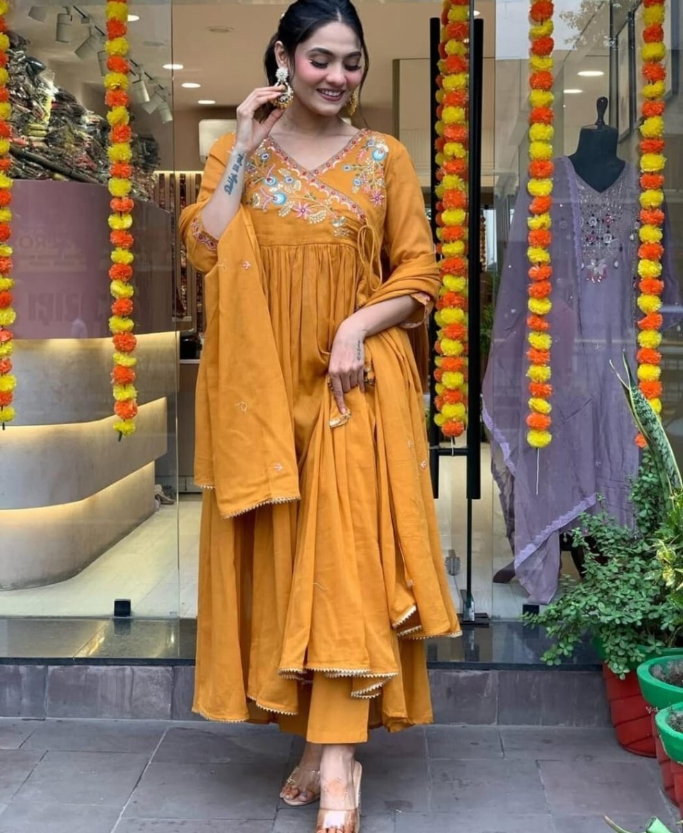 Cotton Designer ndian Embroidered Anarkali Gown Pant with Dupatta Set - 001FASHIONFORWARD