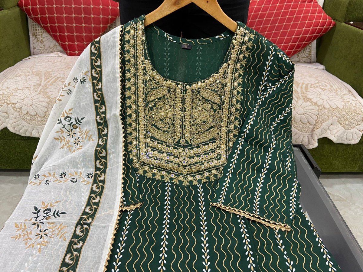 Cotton green salwar kameez suit set , designer 3pc suit set with duppatta - 001FASHIONFORWARD