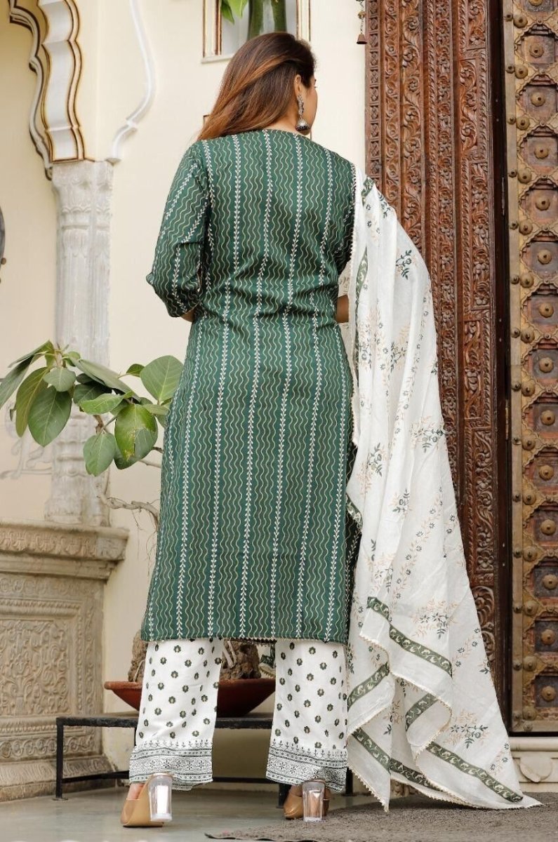 Cotton green salwar kameez suit set , designer 3pc suit set with duppatta - 001FASHIONFORWARD