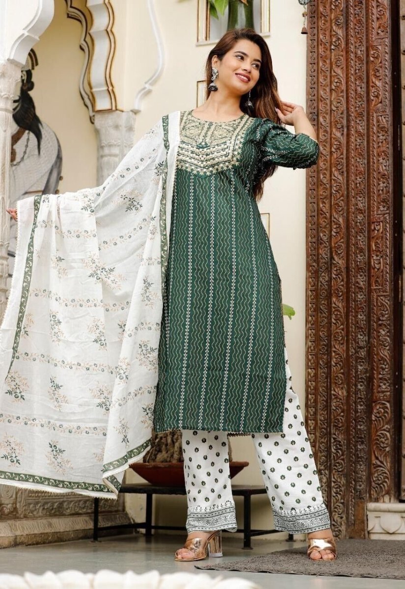 Cotton green salwar kameez suit set , designer 3pc suit set with duppatta - 001FASHIONFORWARD