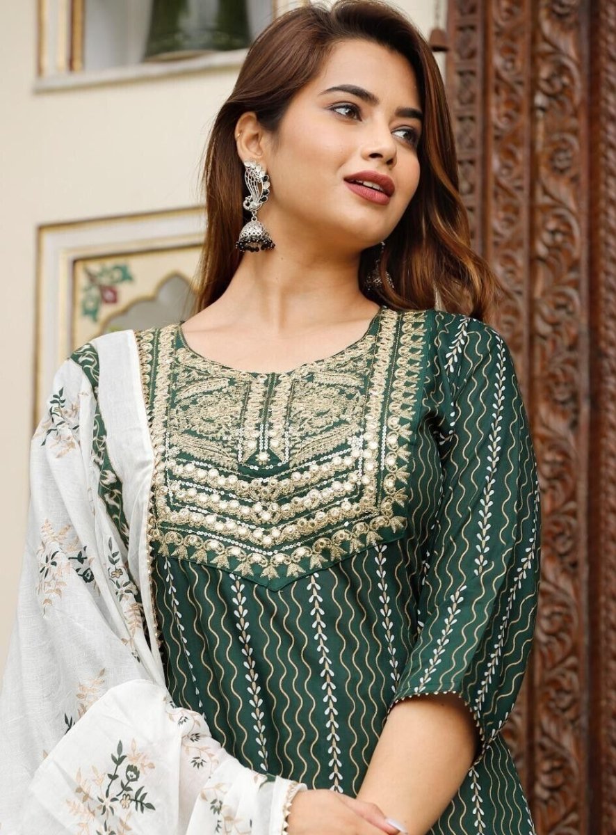 Cotton green salwar kameez suit set , designer 3pc suit set with duppatta - 001FASHIONFORWARD