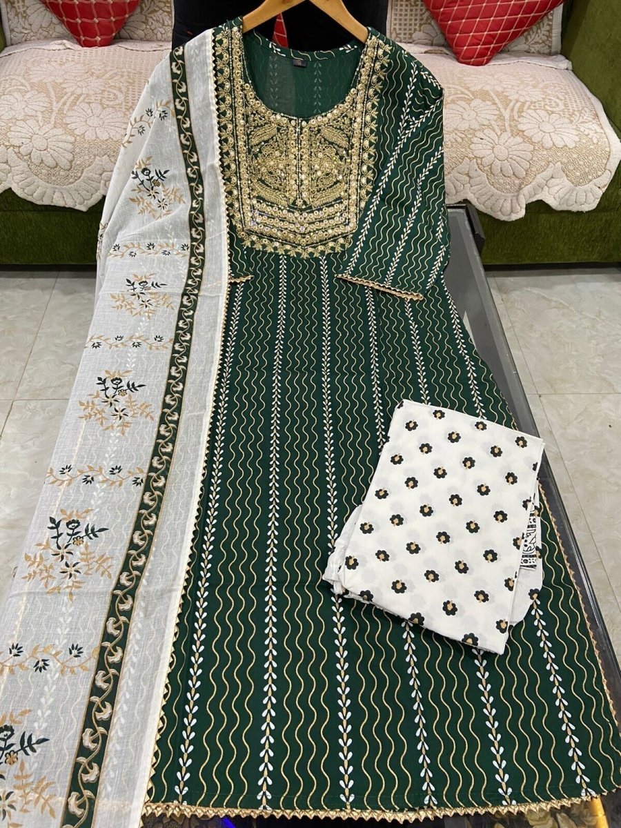 Cotton green salwar kameez suit set , designer 3pc suit set with duppatta - 001FASHIONFORWARD