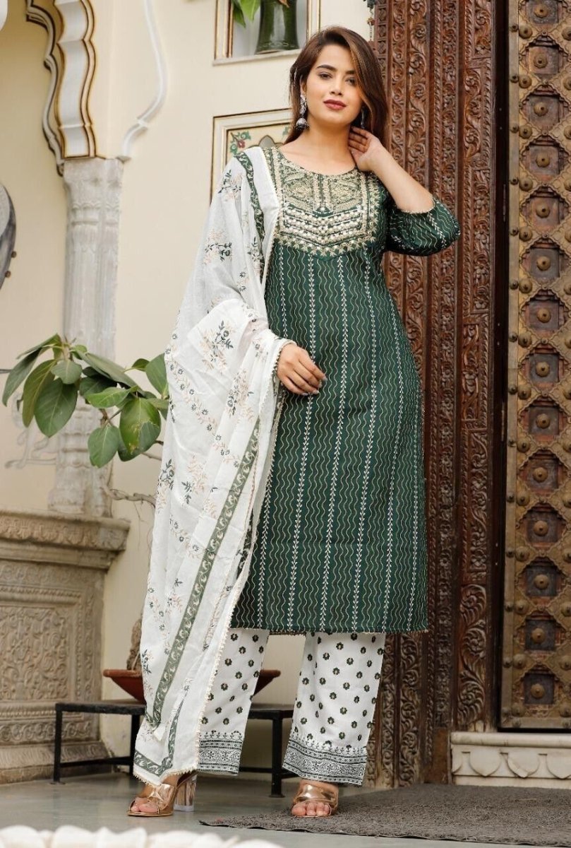 Cotton green salwar kameez suit set , designer 3pc suit set with duppatta - 001FASHIONFORWARD