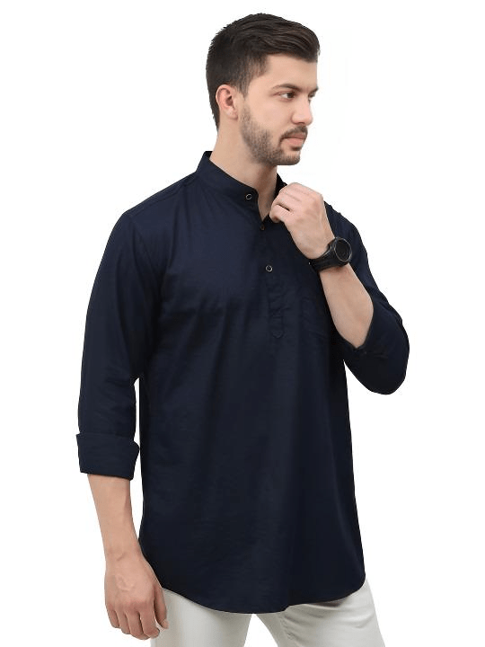 Cotton High Quality Men’s Short Shirt Kurta Party Wear Solid Navy Blue - 001FASHIONFORWARD