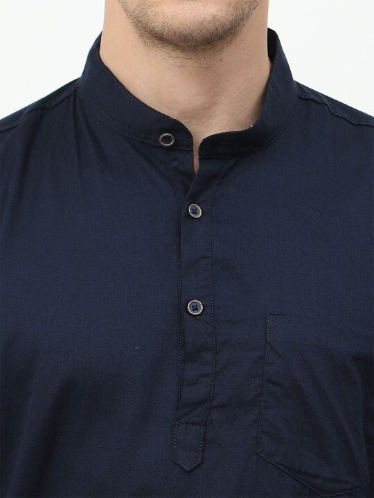 Cotton High Quality Men’s Short Shirt Kurta Party Wear Solid Navy Blue - 001FASHIONFORWARD