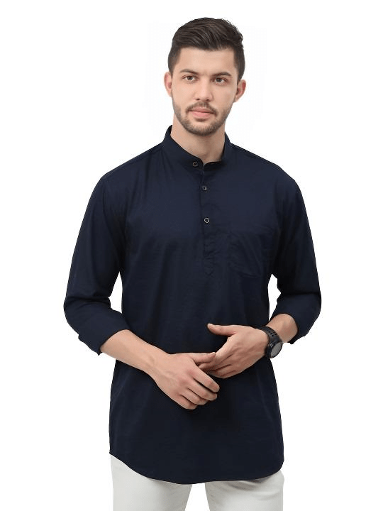 Cotton High Quality Men’s Short Shirt Kurta Party Wear Solid Navy Blue - 001FASHIONFORWARD