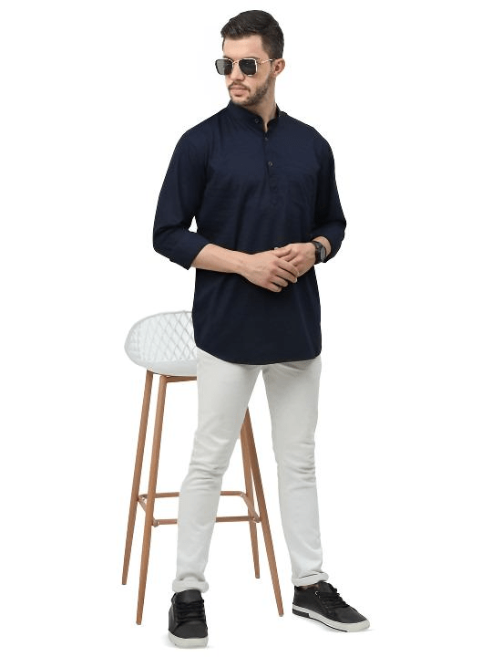 Cotton High Quality Men’s Short Shirt Kurta Party Wear Solid Navy Blue - 001FASHIONFORWARD