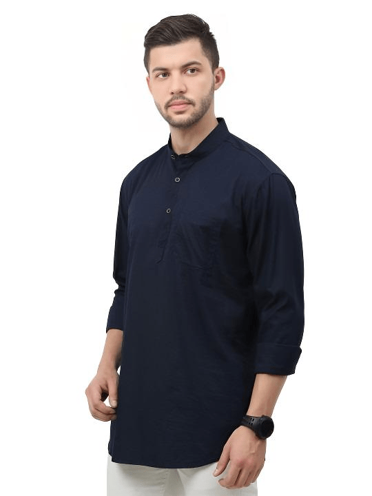 Cotton High Quality Men’s Short Shirt Kurta Party Wear Solid Navy Blue - 001FASHIONFORWARD