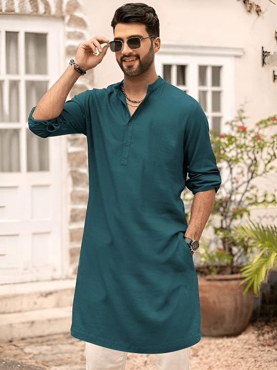 Cotton Mens Traditional long Kurta Readymade Clothes yoga wear Sea green - 001FASHIONFORWARD