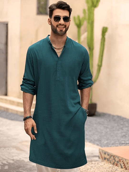 Cotton Mens Traditional long Kurta Readymade Clothes yoga wear Sea green - 001FASHIONFORWARD