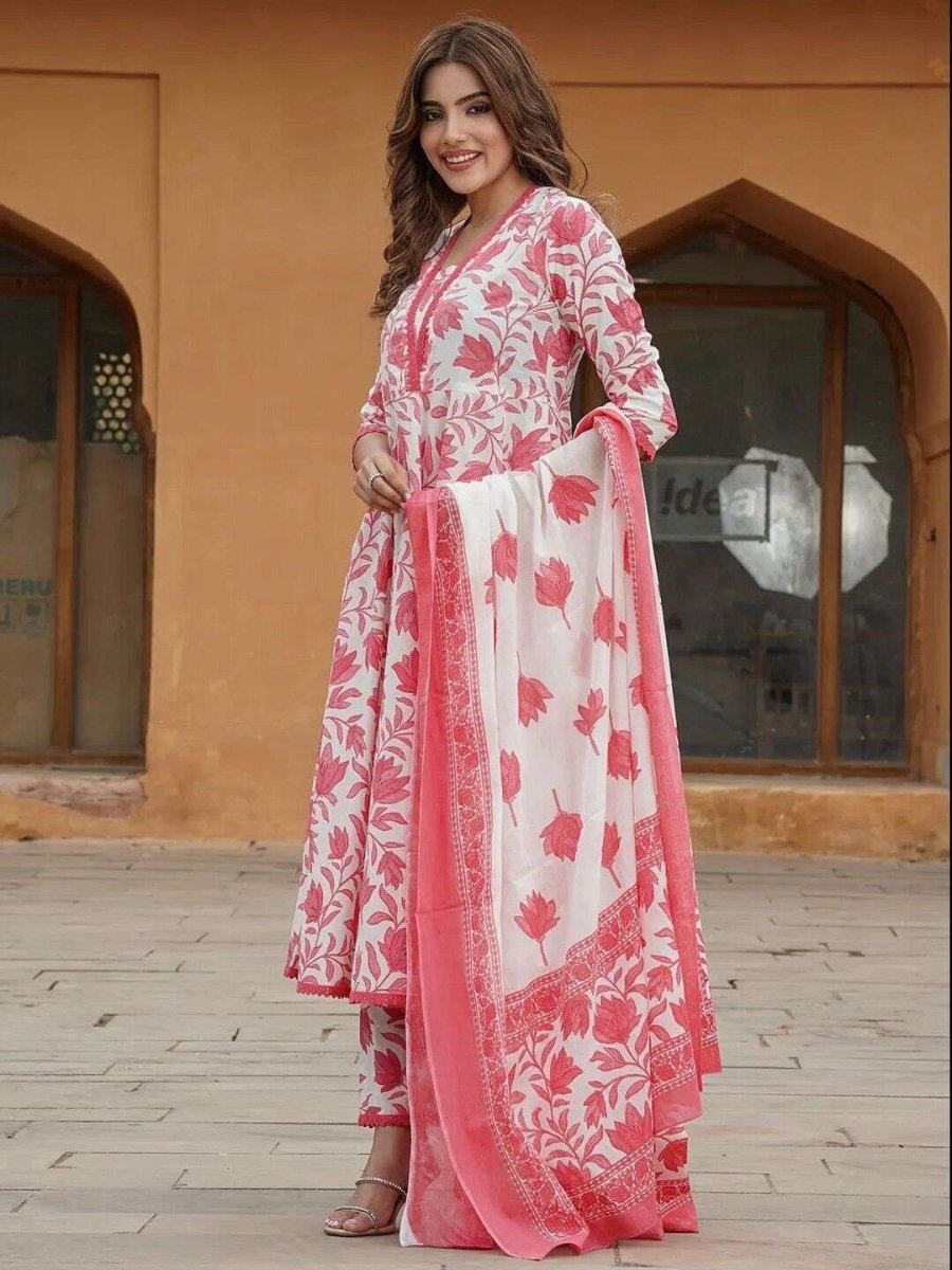 Cotton Pink Flared A - line suit Women, Readymade salwar kameez suit Kurta - 001FASHIONFORWARD
