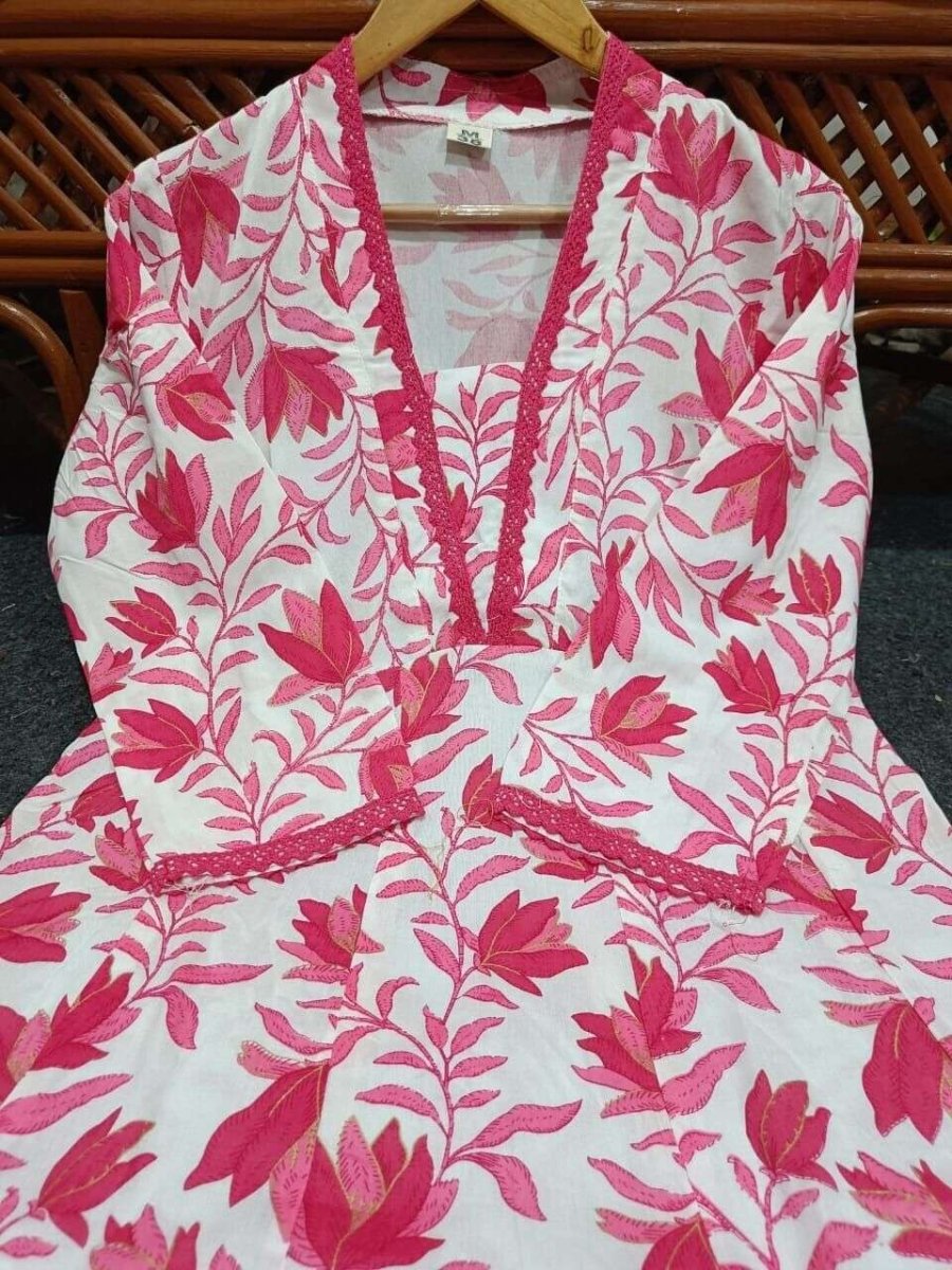 Cotton Pink Flared A - line suit Women, Readymade salwar kameez suit Kurta - 001FASHIONFORWARD