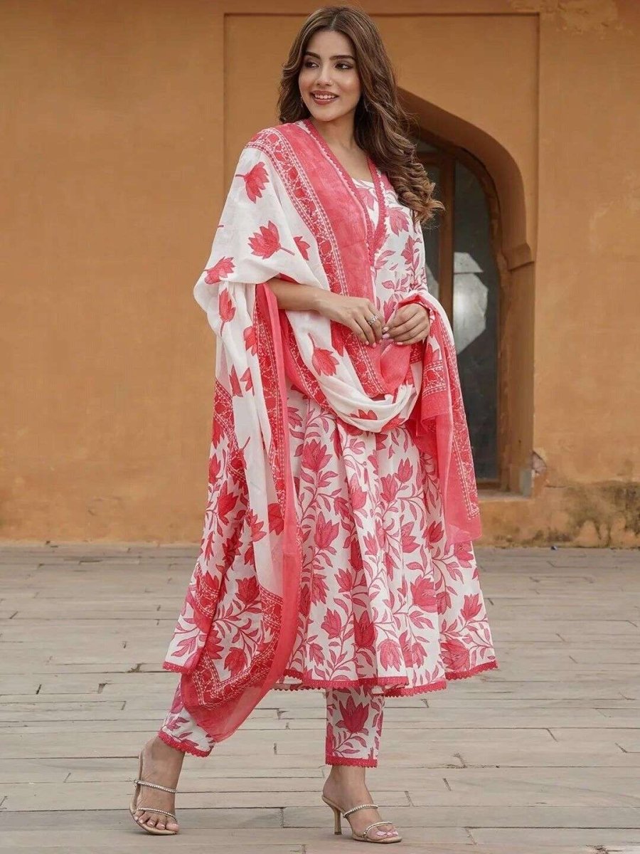 Cotton Pink Flared A - line suit Women, Readymade salwar kameez suit Kurta - 001FASHIONFORWARD