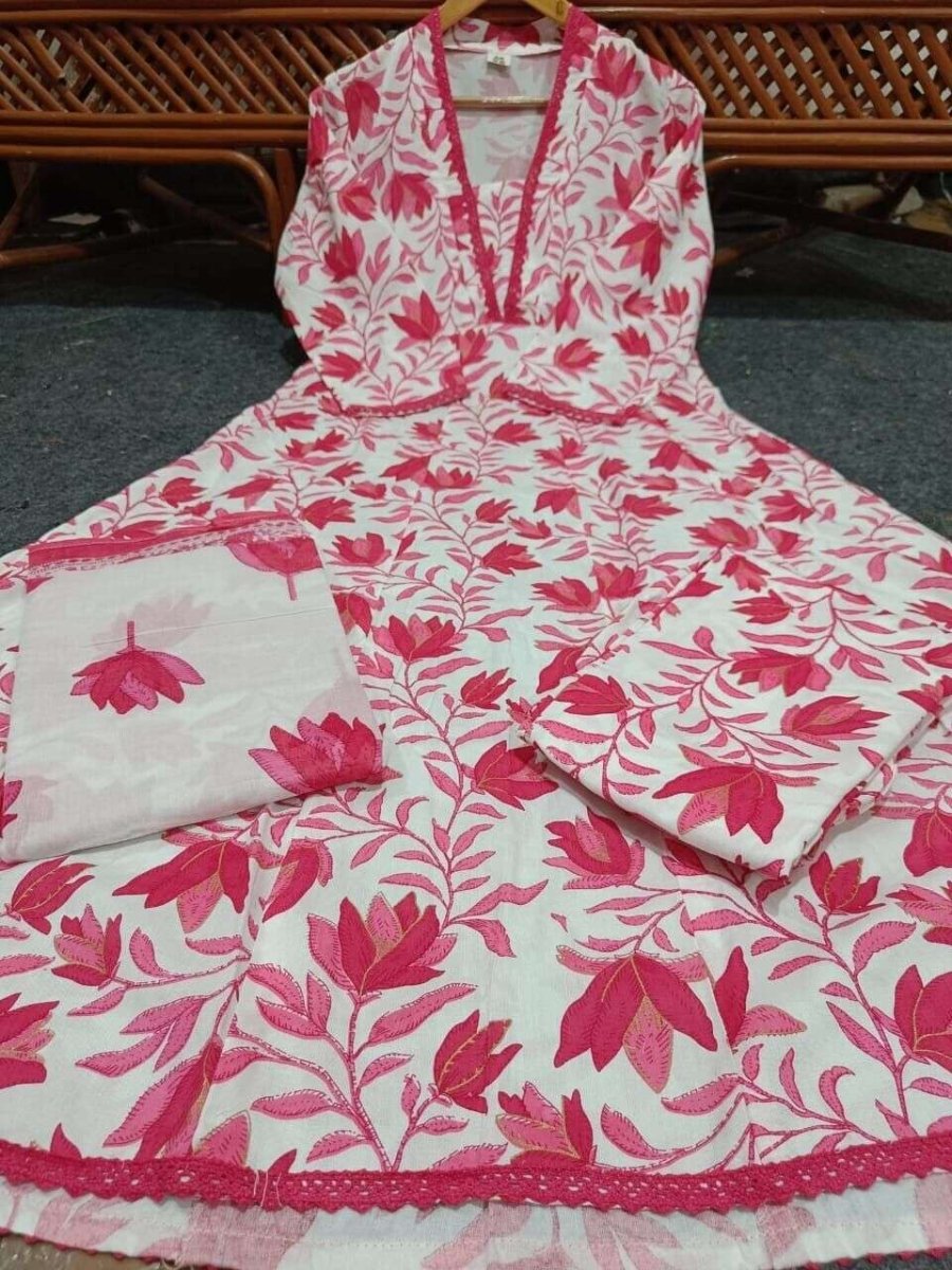 Cotton Pink Flared A - line suit Women, Readymade salwar kameez suit Kurta - 001FASHIONFORWARD