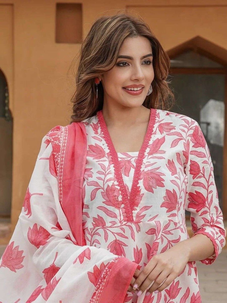 Cotton Pink Flared A - line suit Women, Readymade salwar kameez suit Kurta - 001FASHIONFORWARD