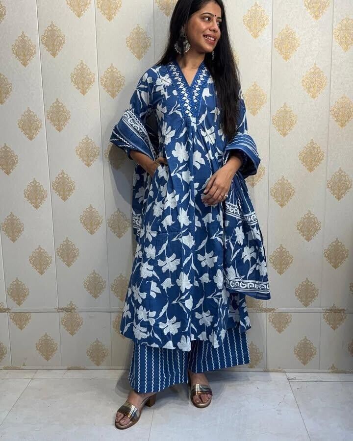 Cotton Printed Indian Pakistani Salwar Kameez – Designer A - line Dress Wear Suit - 001FASHIONFORWARD