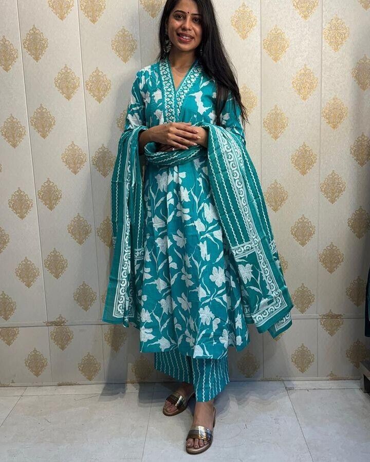 Cotton Printed Indian Pakistani Salwar Kameez – Designer A - line Dress Wear Suit - 001FASHIONFORWARD