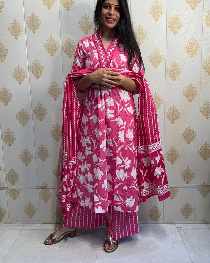 Cotton Printed Indian Pakistani Salwar Kameez – Designer A - line Dress Wear Suit - 001FASHIONFORWARD