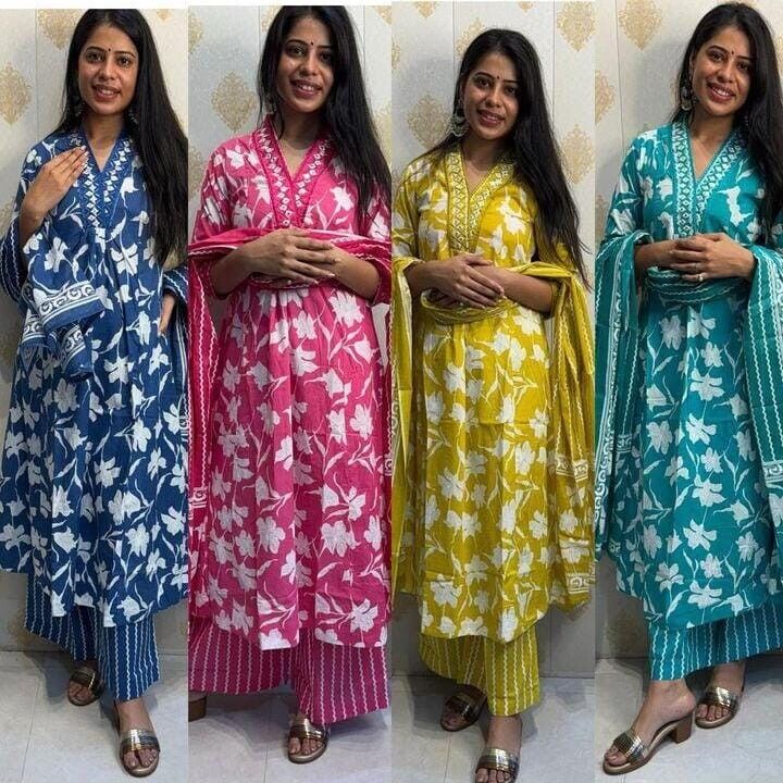 Cotton Printed Indian Pakistani Salwar Kameez – Designer A - line Dress Wear Suit - 001FASHIONFORWARD