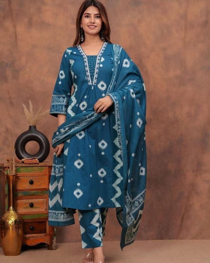Cotton Printed Indian Pakistani Salwar Kameez – Printed A - line Dress Wear Suit - 001FASHIONFORWARD
