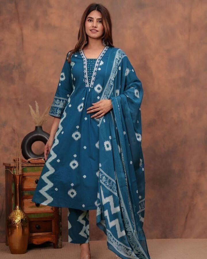 Cotton Printed Indian Pakistani Salwar Kameez – Printed A - line Dress Wear Suit - 001FASHIONFORWARD