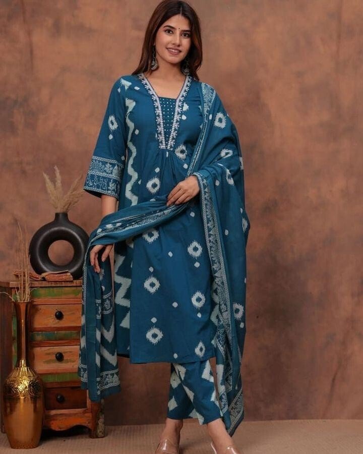 Cotton Printed Indian Pakistani Salwar Kameez – Printed A - line Dress Wear Suit - 001FASHIONFORWARD