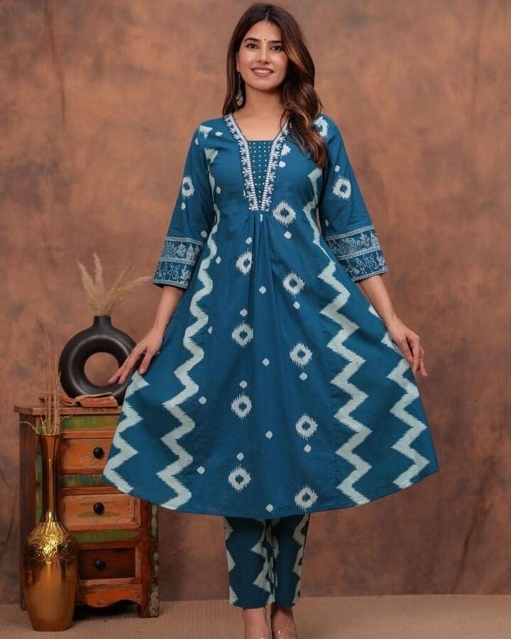 Cotton Printed Indian Pakistani Salwar Kameez – Printed A - line Dress Wear Suit - 001FASHIONFORWARD