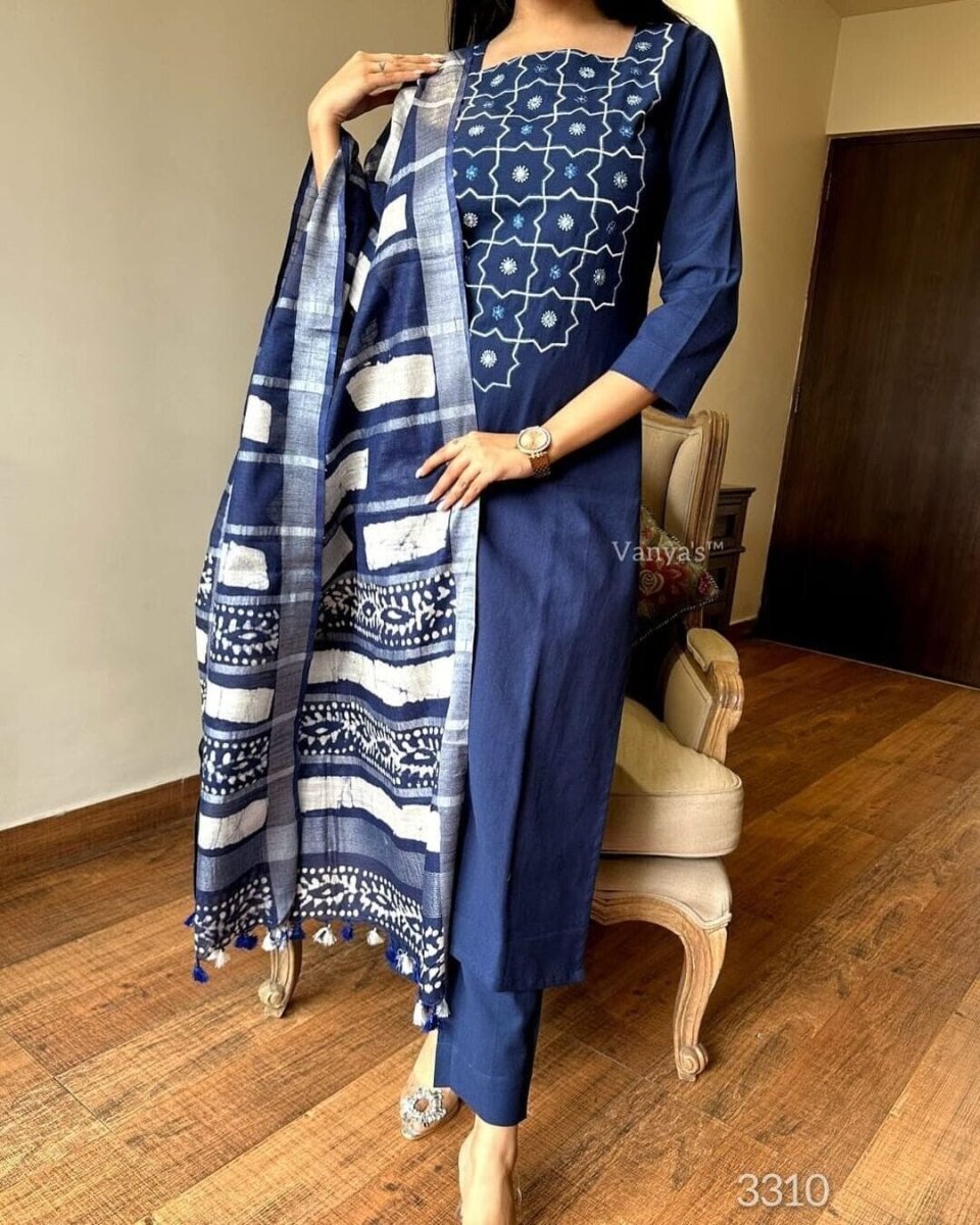 Cotton salwar kameez Festival Wear Kurta Pant Set – Pure Cotton with Handwork - 001FASHIONFORWARD