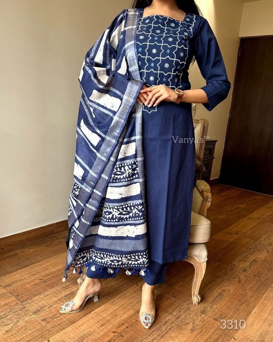 Cotton salwar kameez Festival Wear Kurta Pant Set – Pure Cotton with Handwork - 001FASHIONFORWARD