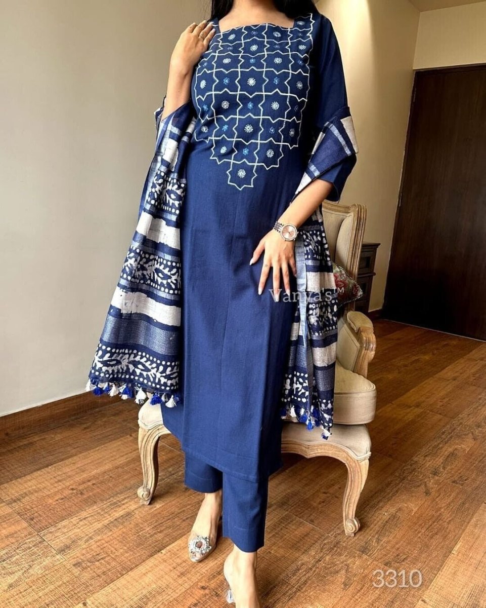 Cotton salwar kameez Festival Wear Kurta Pant Set – Pure Cotton with Handwork - 001FASHIONFORWARD