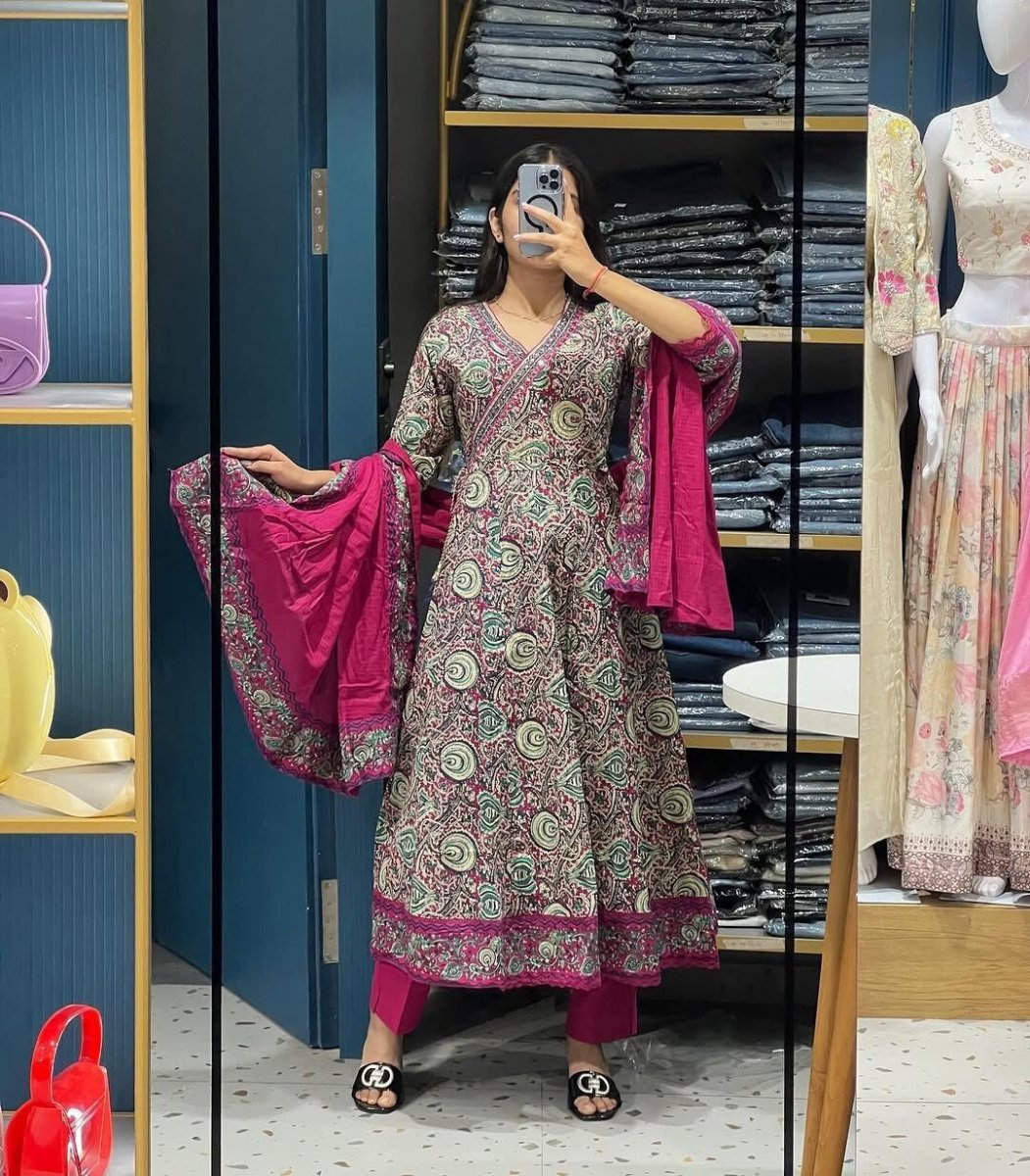 Cotton Sanganeri Print Flared Anarkali Suit , Wedding party wear Kurti pant 3 - 001FASHIONFORWARD