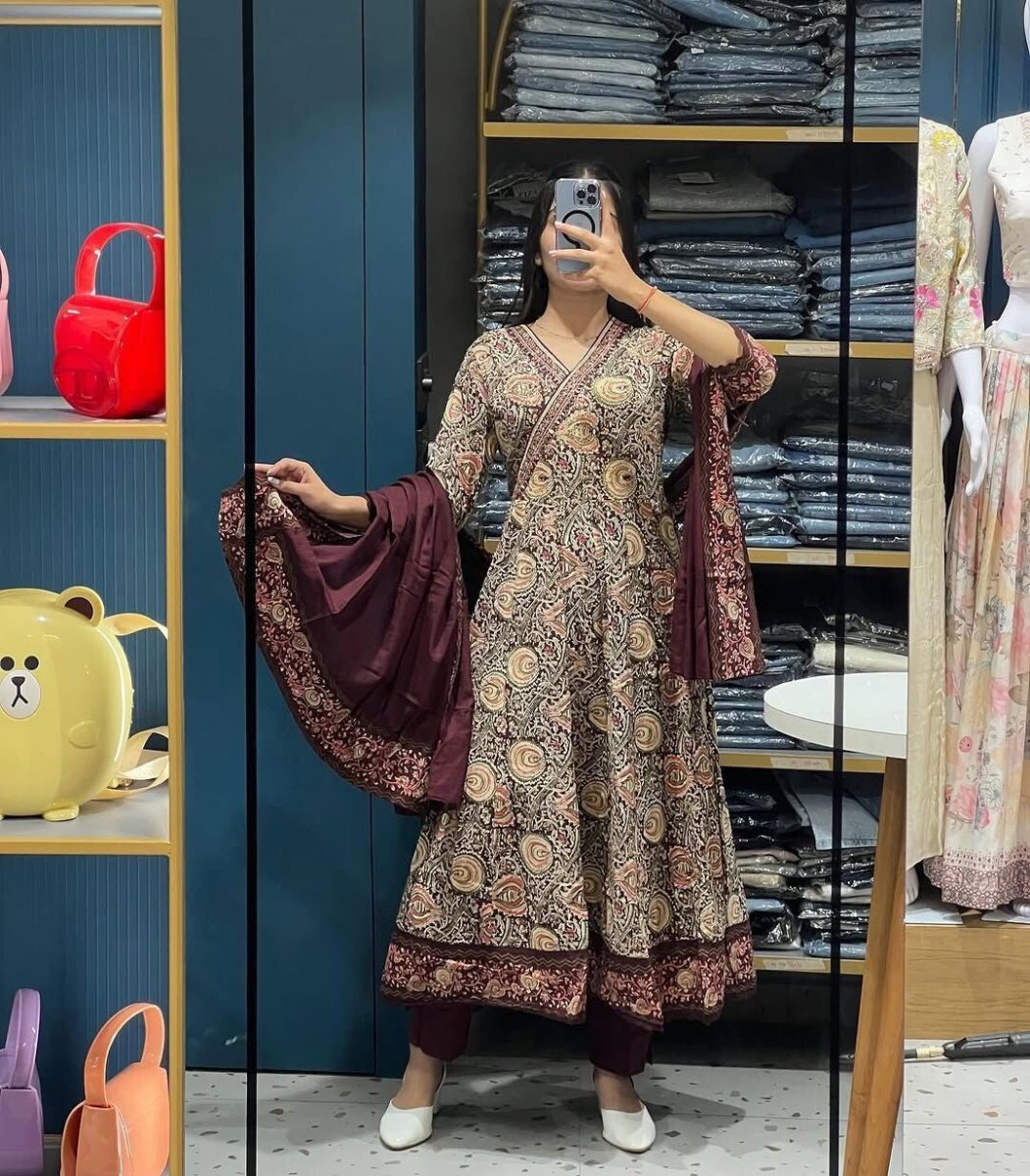 Cotton Sanganeri Print Flared Anarkali Suit , Wedding party wear Kurti pant 3 - 001FASHIONFORWARD