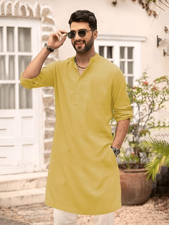 Cotton Straight Men's Solid Yellow Long Kurta Men Wedding Kurta Haldi Kurta Men - 001FASHIONFORWARD