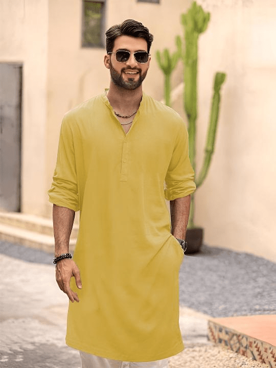 Cotton Straight Men's Solid Yellow Long Kurta Men Wedding Kurta Haldi Kurta Men - 001FASHIONFORWARD