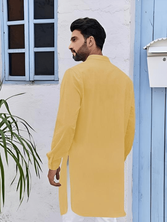 Cotton Straight Men's Solid Yellow Long Kurta Men Wedding Kurta Haldi Kurta Men - 001FASHIONFORWARD