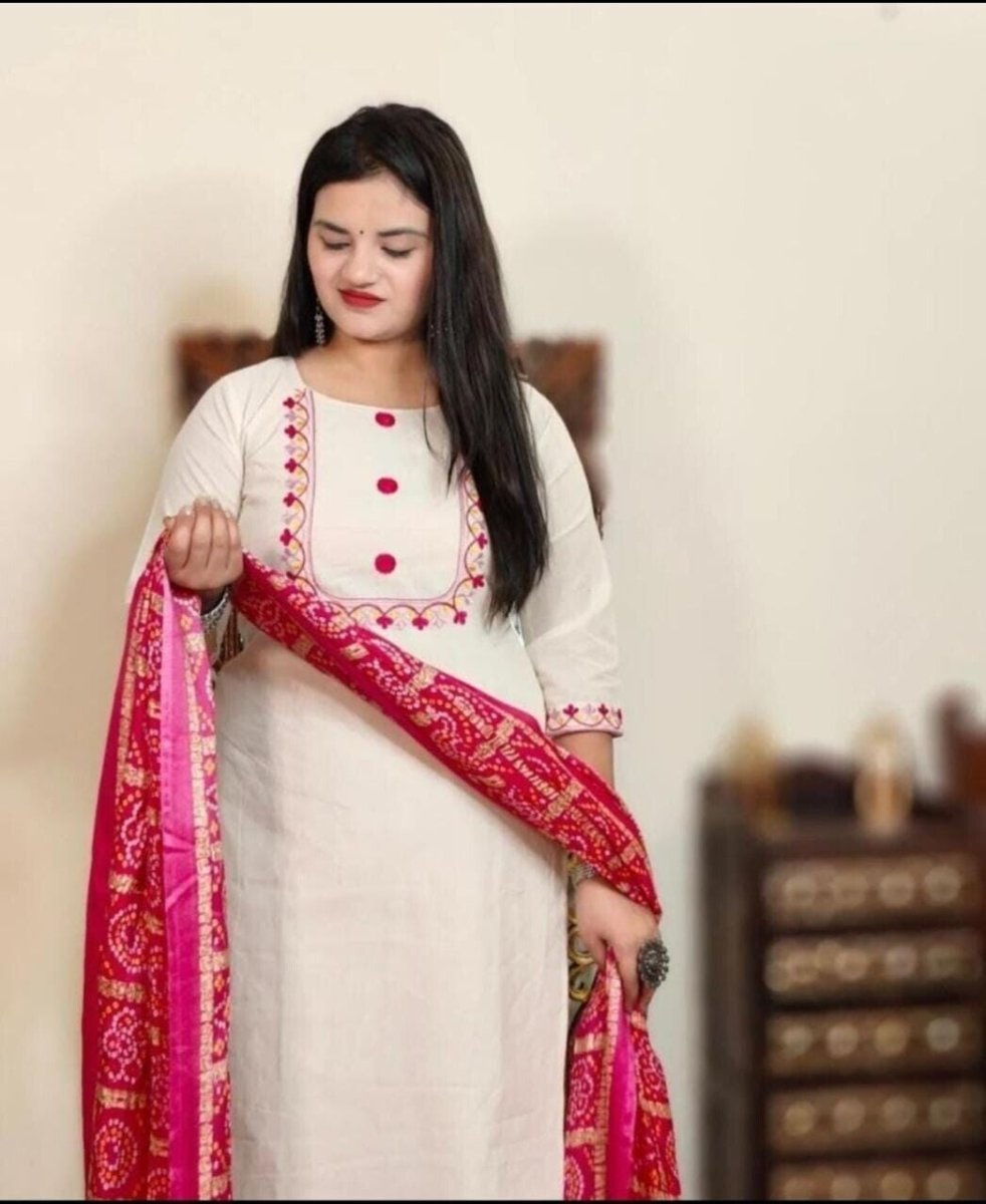 Cotton White Salwar Kameej Suit , Designer indian suit With bandhani duppatta - 001FASHIONFORWARD