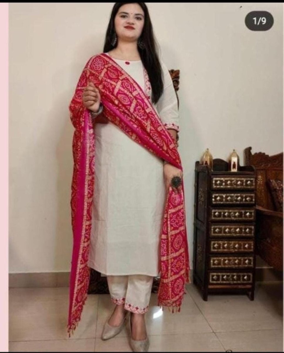 Cotton White Salwar Kameej Suit , Designer indian suit With bandhani duppatta - 001FASHIONFORWARD