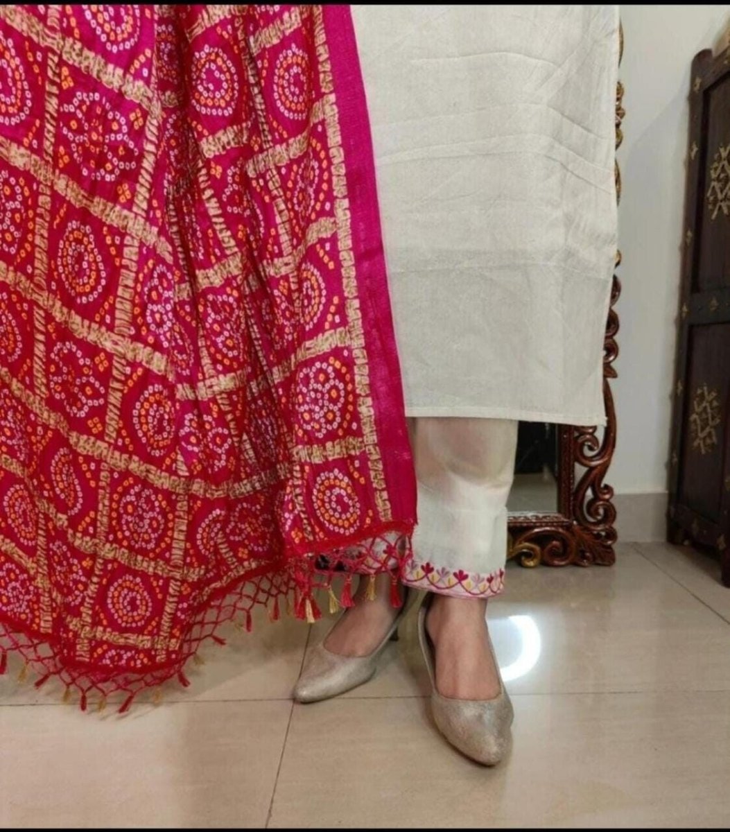 Cotton White Salwar Kameej Suit , Designer indian suit With bandhani duppatta - 001FASHIONFORWARD